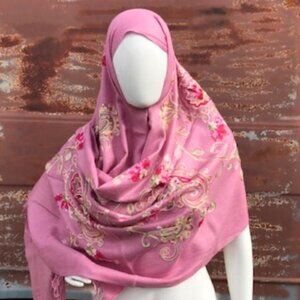 Pink Rose Embroidered Scarf Shoulder Wrap Muslim Hijab Paisley Print Shawl